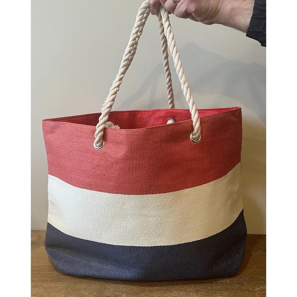 Large Nautical Beach Tote Pool Bag‎ Rope Handles Red White Blue Coastal Vacation